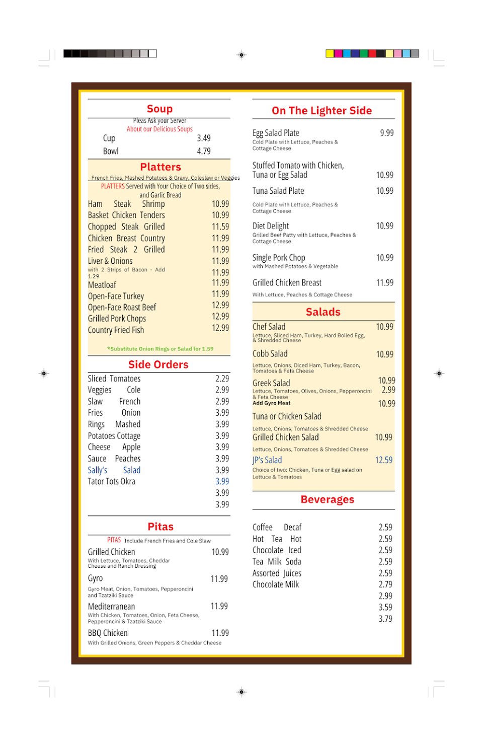 Printed menu with egg sandwich choices.
