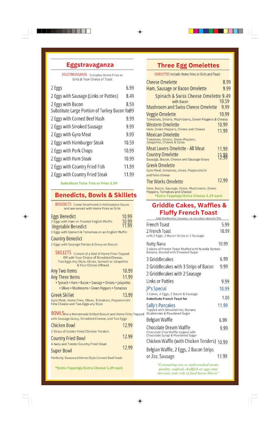 Breakfast menu page with simple diner items.